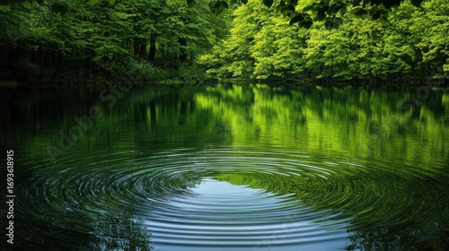 Verdant reflections and concentric ripples on a serene lake's surface within a lush green forest