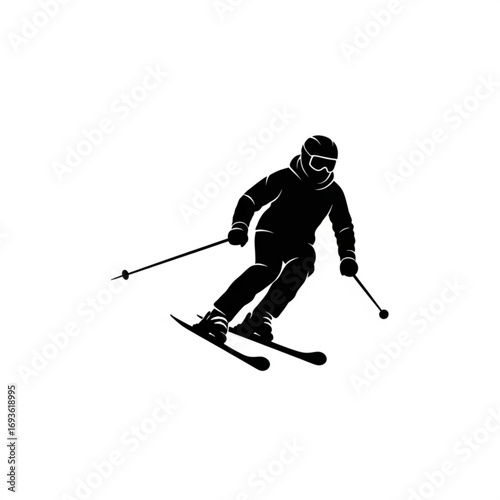 Skiing silhouette of a person descending a slope isolated on white background