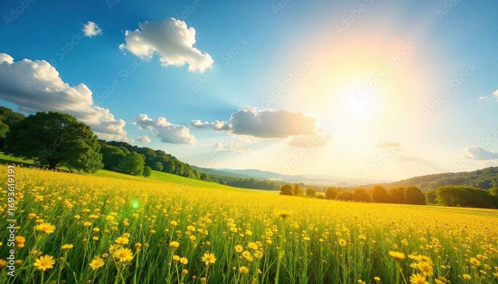 Obraz premium Golden Sunlight Bathes Vibrant Summer Landscape Feel the Warmth and Energy of a Perfect Cloudless Day, Ideal for Travel, Nature, and Summer-themed Projects.