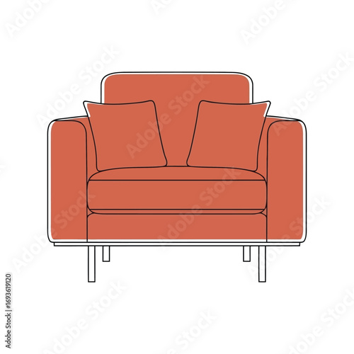 Modern orange armchair with plush pillows minimalist line art furniture design vector