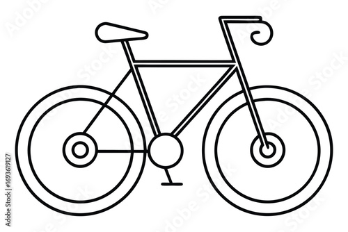Simple outline drawing of a bicycle on a white background Keywords: bicycle, bike, cycling, transport, transportation, wheels, frame