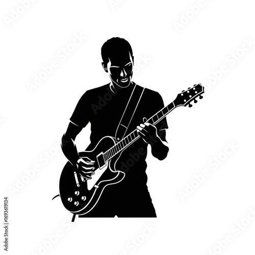 Man playing electric guitar silhouette isolated on white background