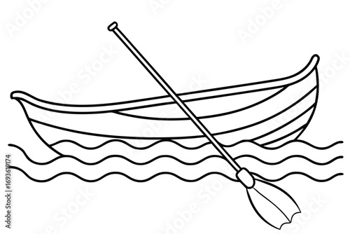 Simple Outline Drawing of a Canoe and Paddle Floating on Wavy Water boat