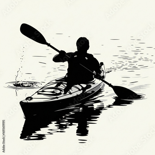 Kayaker paddling in water silhouette isolated on white background