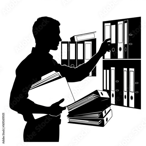 Man organizing binders in archive silhouette isolated on white background