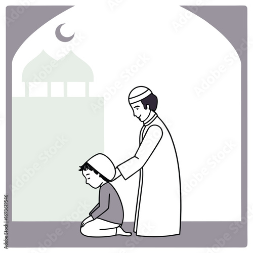 Loving Muslim father guides his son in prayer, fostering faith and family bonds in a serene setting
