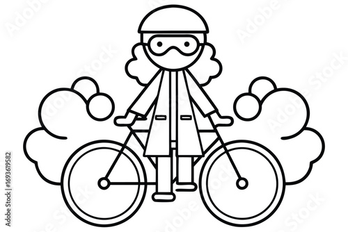 Stylized person in a lab coat and goggles on a bicycle with cloud accents scientist doctor