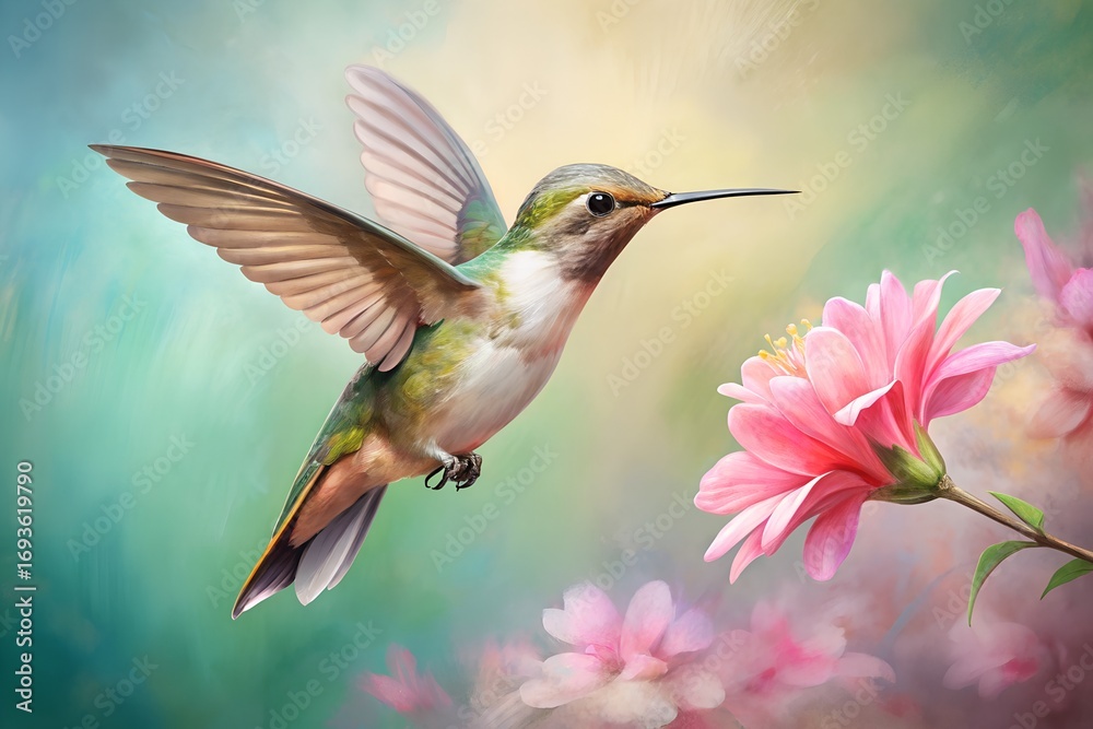 Fototapeta premium Hummingbird in Flight Near Pink Flowers a Delicate and Dreamy Spring Scene