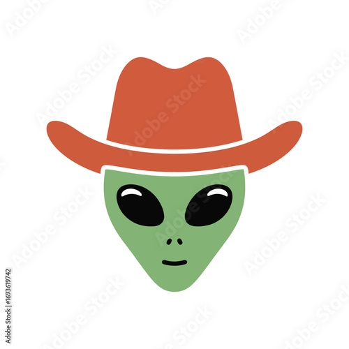 Green alien wearing a red cowboy hat with a friendly expression illustration vector