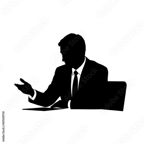 Businessman gesturing while sitting at a desk silhouette isolated on white background