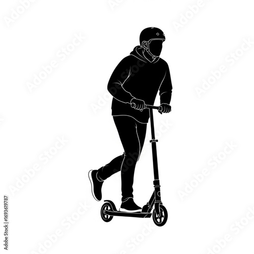 Person riding a scooter wearing a helmet silhouette isolated on white background