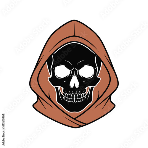 Mysterious grim reaper skull in hooded cloak emblem illustration vector art vector