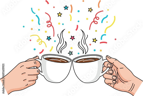 Festive Coffee Celebration Two Mugs Cheers with Confetti and Stars