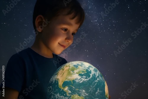 地球を持ち笑う子供