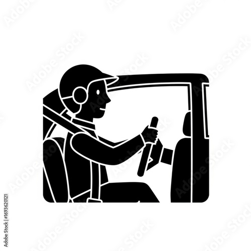 Driver wearing helmet and seatbelt driving a car silhouette isolated on white background