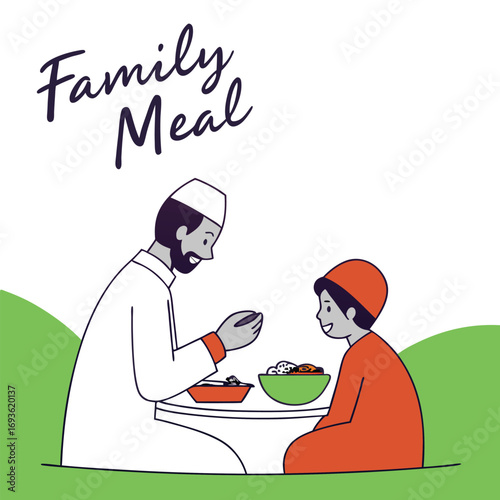 Muslim dad shares meal with son during festive season, fostering family unity and togetherness at dinner