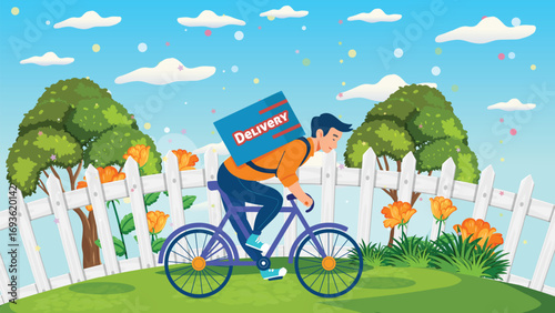 Courier on bicycle with parcel box on the back delivering food in a beautiful city
