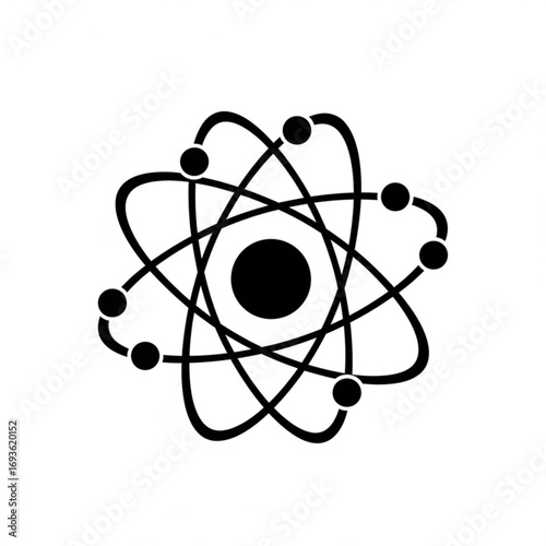 Black atom model silhouette isolated on white background