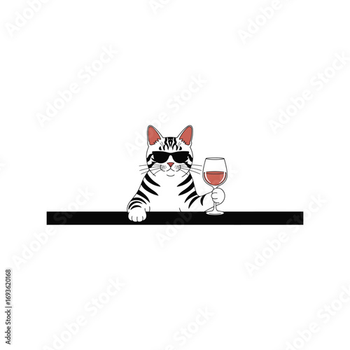 Stylish cool cat wearing sunglasses holding wine glass adorable pet enjoying leisure time vector