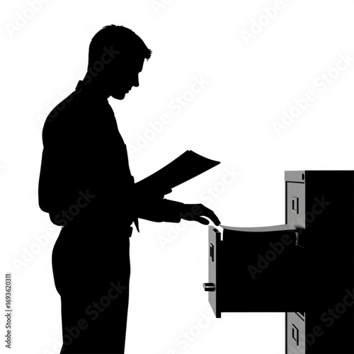 Man in silhouette searching through filing cabinet isolated on white background silhouette
