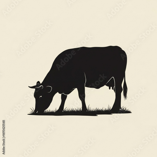 Black cow grazing in grass silhouette isolated on white background