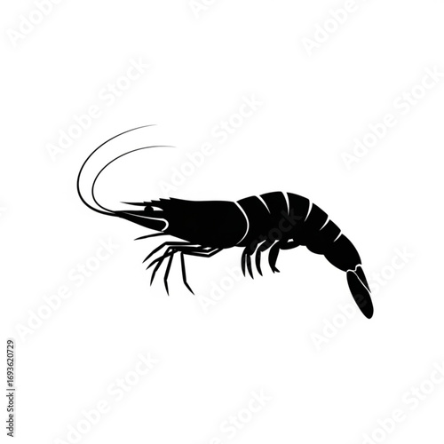 Black silhouette of a shrimp isolated on white background