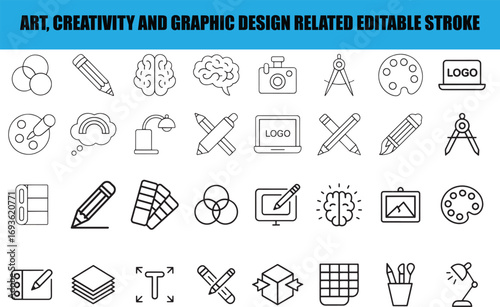 Art, creativity and graphic design related editable stroke outline icons set 