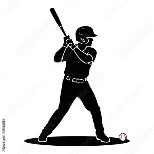 Baseball player batting stance silhouette isolated on white background