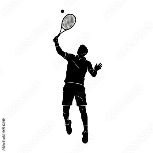 Tennis player serving a ball silhouette isolated on white background
