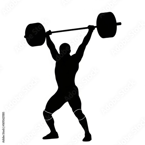 Weightlifter lifting barbell overhead silhouette isolated on white background