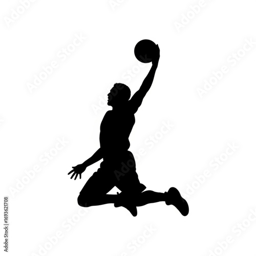 Basketball player dunking silhouette isolated on white background