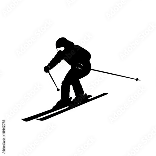 Skiing silhouette of a person descending a slope isolated on white background