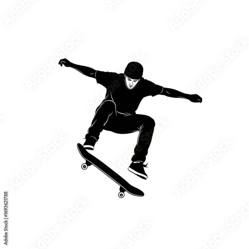 Skateboarder performing a trick silhouette isolated on white background