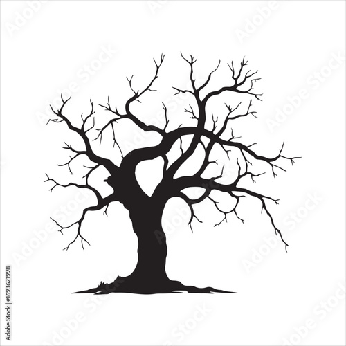 Black silhouette of a creepy dead tree with a hole in the trunk.. Minimalist winter or autumn nature scene drawing for graphic art projects. 
