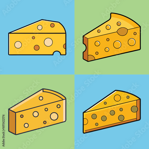Four Isometric Swiss Cheese Slices;  Vibrant Yellow,  Bold Outline,  Flat Design,  Food Illustration.