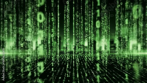 Abstract technology binary code background with green matrix data stream, computer code and programming concept.