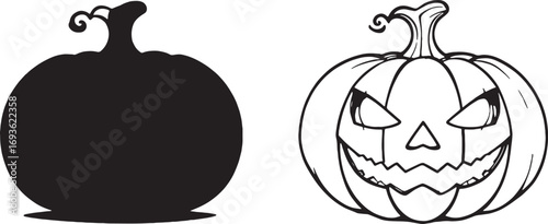 "Halloween pumpkin silhouette with carved jack o lantern and matching clean line art outline vector"