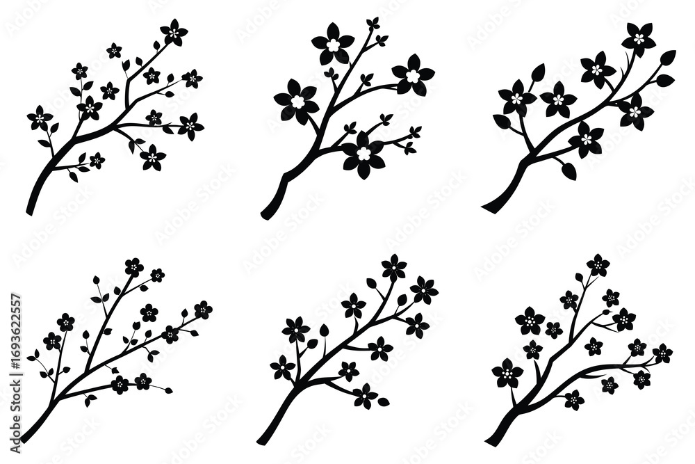 Naklejka premium Delicate Cherry Blossom Branches Floral Icon Set