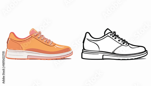 "Modern sneaker shoe illustration with pastel color and matching line art outline version, vector design"