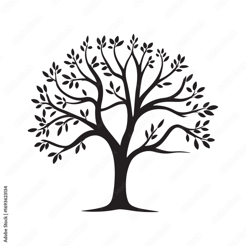 Obraz premium Stylized tree silhouette with lush leaves and elegant branches. Black vector illustration representing growth, nature, and the environment.