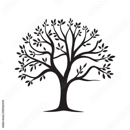 Stylized tree silhouette with lush leaves and elegant branches. Black vector illustration representing growth, nature, and the environment.