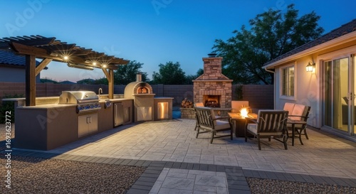 Modern outdoor kitchen and patio area at dusk, featuring a pizza oven and fire pit.