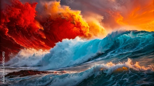 Powerful waves crash against rocky shore under vivid sunset sky with fiery clouds creating dramatic landscape
