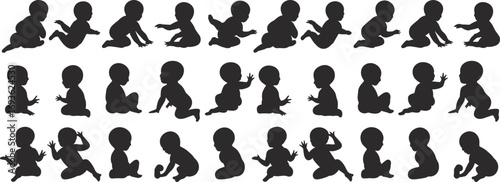 Baby silhouette icons, toddler crawling poses, infant sitting walking collection, newborn movement vector, black baby shapes, child development illustration set