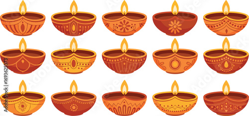 Vibrant collection of decorative clay diyas with warm flickering flames, perfect for festive celebrations