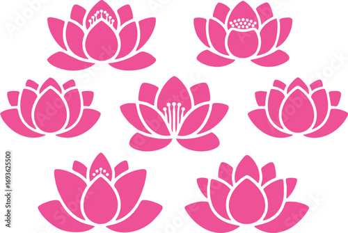 Vibrant pink lotus flowers set symbolizing peace, purity, and enlightenment for wellness designs