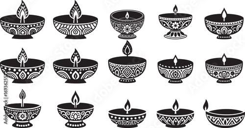 Vibrant collection of decorative diya lamps with intricate designs, perfect for festivals and celebrations