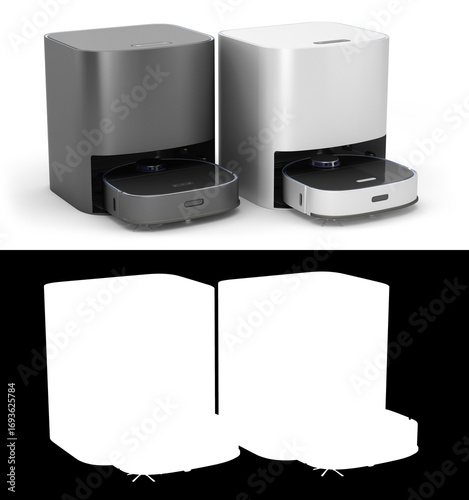 Modern Robotic Vacuum Cleaner 3D Render in Black and White Variants on white with alpha