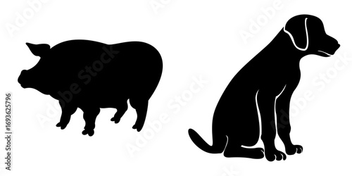 Black silhouettes of a pig and a dog facing each other. Perfect for pet-themed content, educational materials, and logo and icon design. Ideal for animal lovers, graphic designers, and pet businesses.