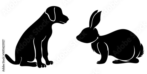 Black silhouettes of a dog and a rabbit facing each other. Perfect for pet-themed content, educational materials, and logo and icon design. Ideal for animal lovers, graphic designers, and pet business
